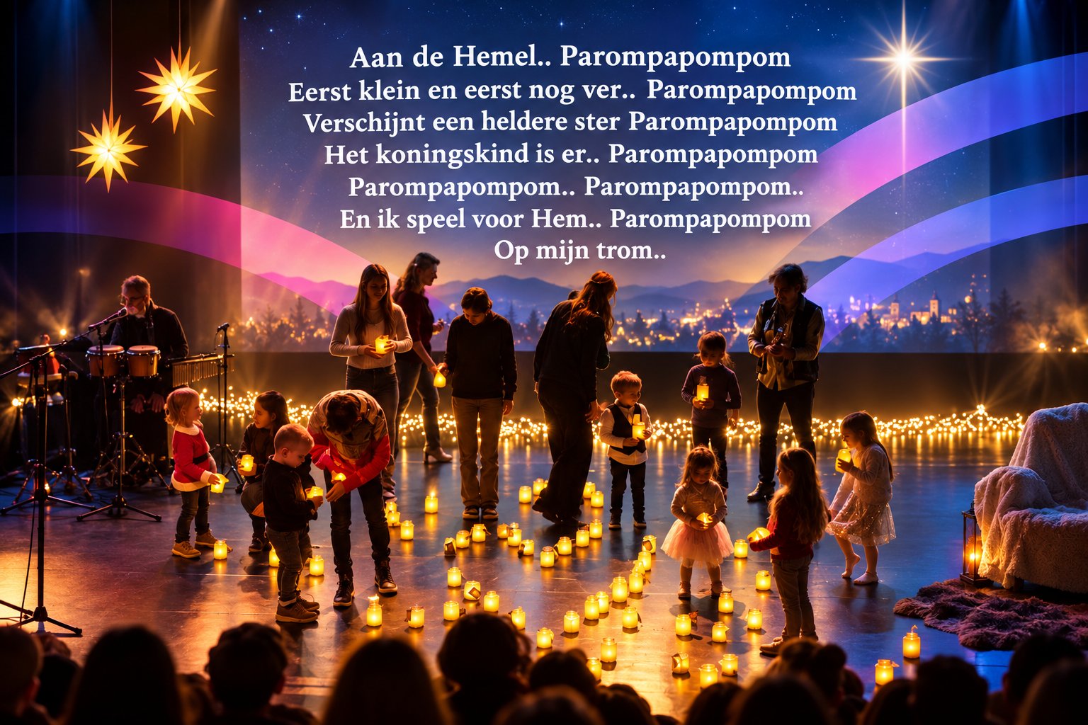 Kerstconcert met kinderen, brandende kaarsen en lantaarns op het podium